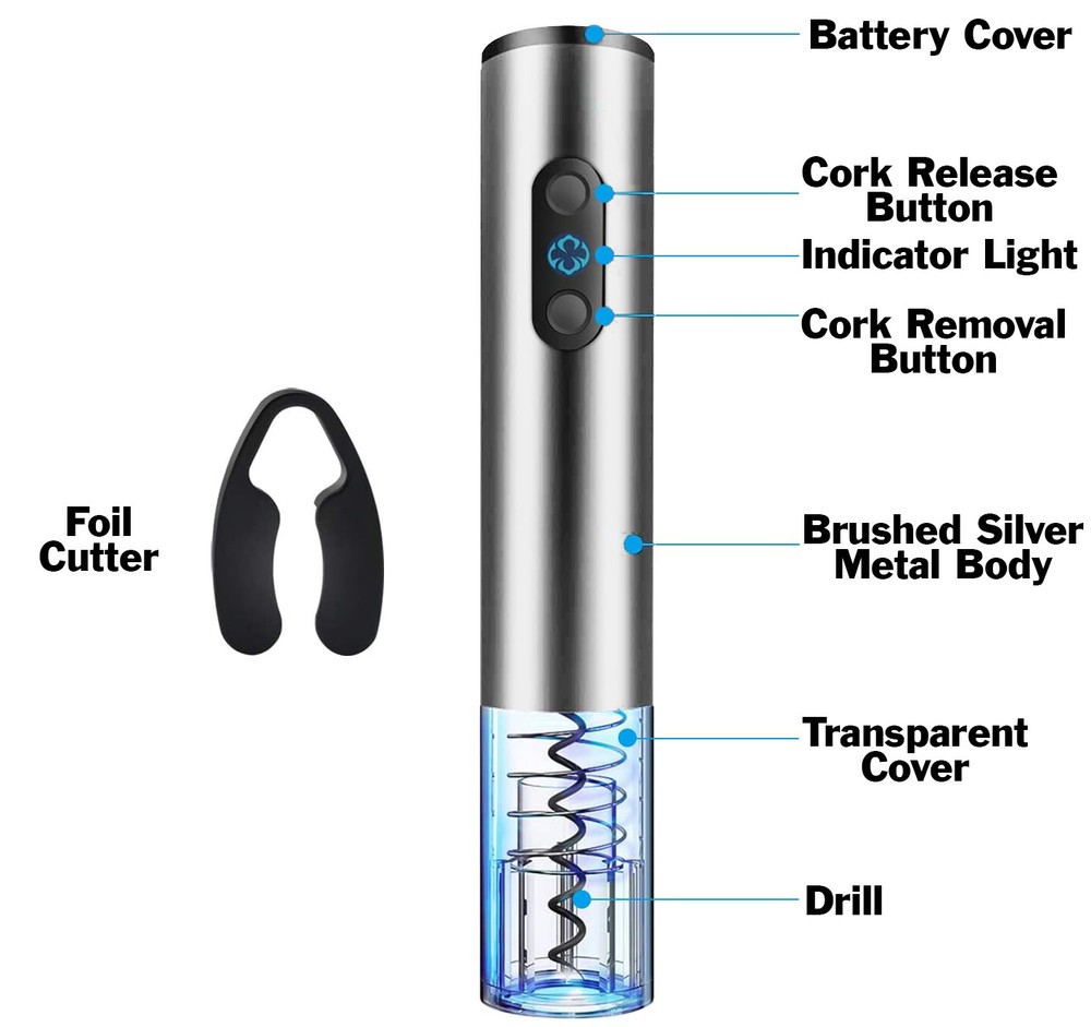 Electric Wine Bottle Opener, Automatic Corkscrew with Foil Remover (Silver)