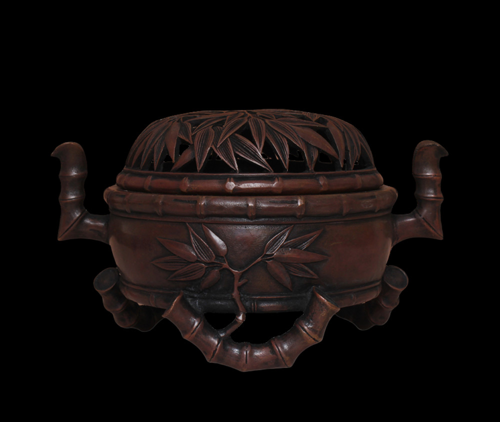 Da Qing Signed Chinese Copper Incense Burner w/bamboo