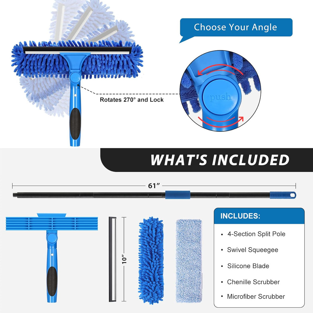 Professional 69'' Window Squeegee Cleaner Tool with Extension Pole, 2-In-1 Squee