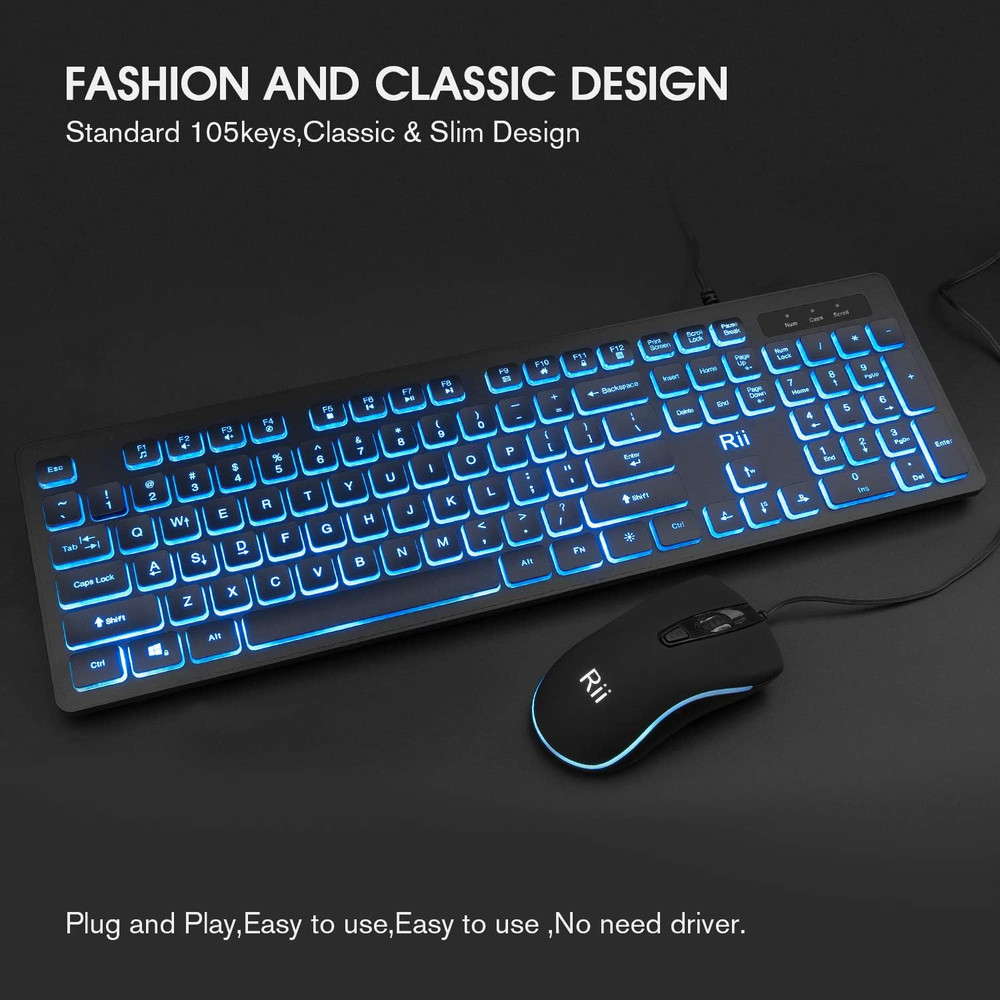 Three Colors Backlit Keyboard and Mouse, Wired Keyboard and Mouse Combo, USB Key