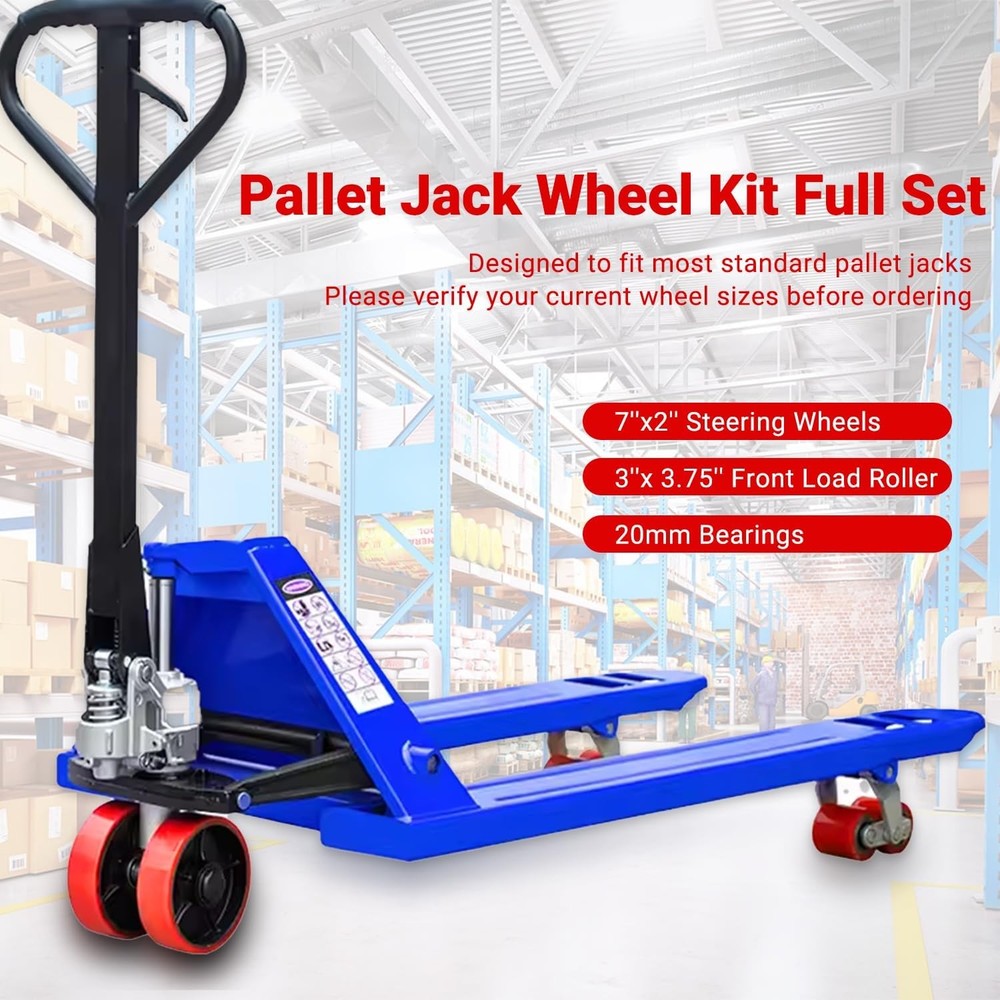 Pallet Jack Wheels Kit Steering Wheels 7"x 2" Pair, Load Roller 3" x 3.75" Pair