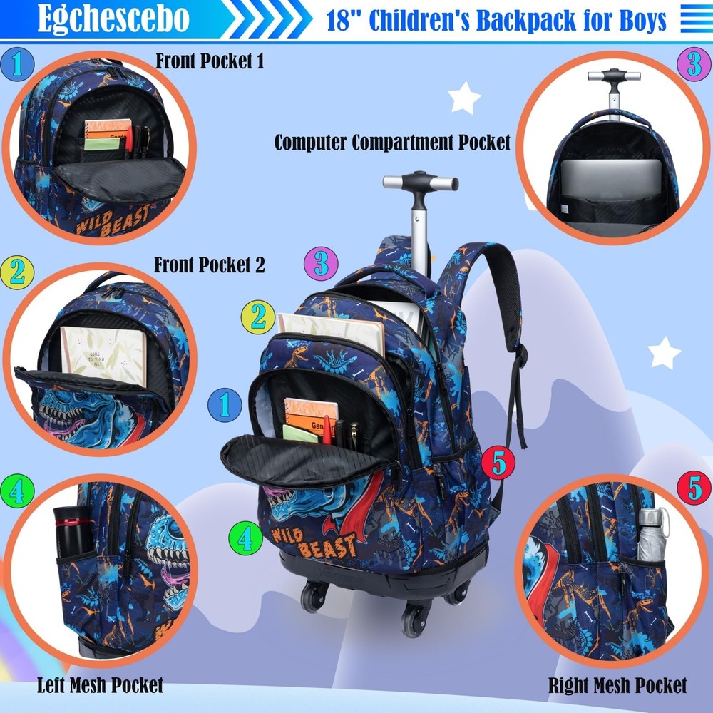 Rolling Backpack for Boys Dinosaur Suitcases Trolley Roller Luggage Backpacks...