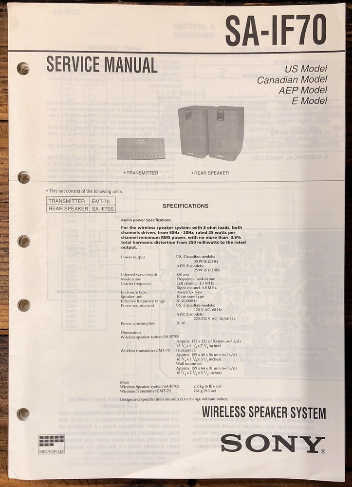 Sony SA-IF70 Speaker  Service Manual *Original*