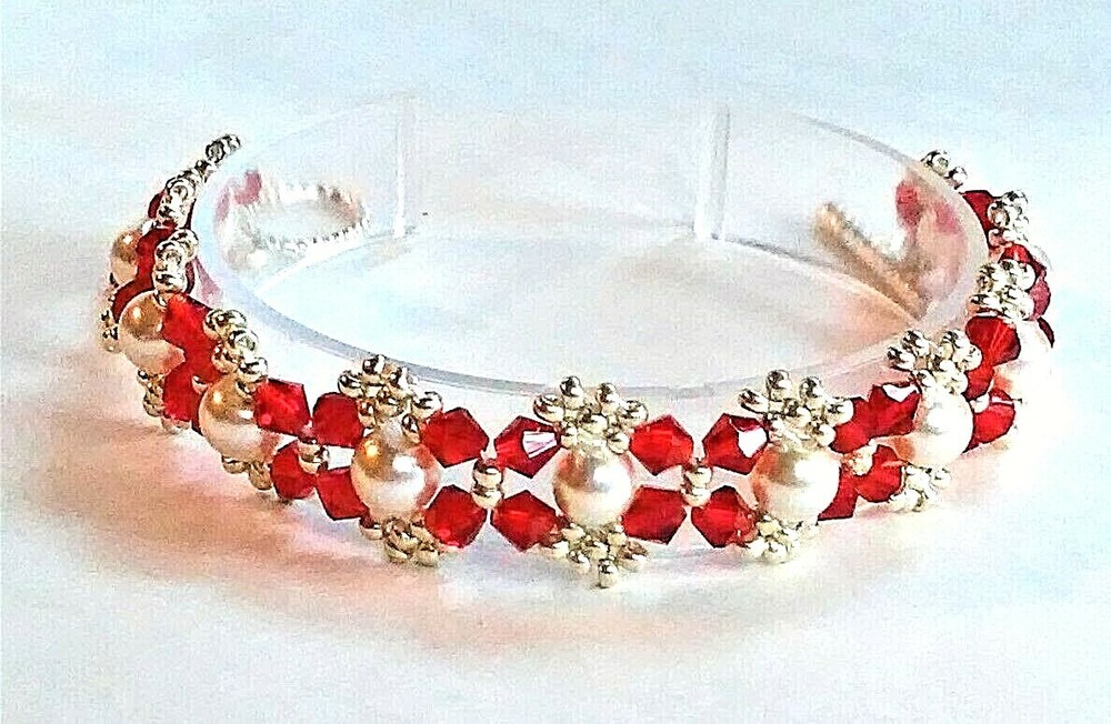 Handmade Red White Pearl Beaded Bracelet