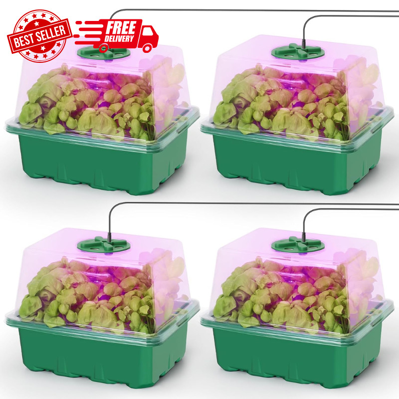 Elevated Seed Starter Kit with Grow Light and Humidity Dome, 4 Pack SHIPS FREE