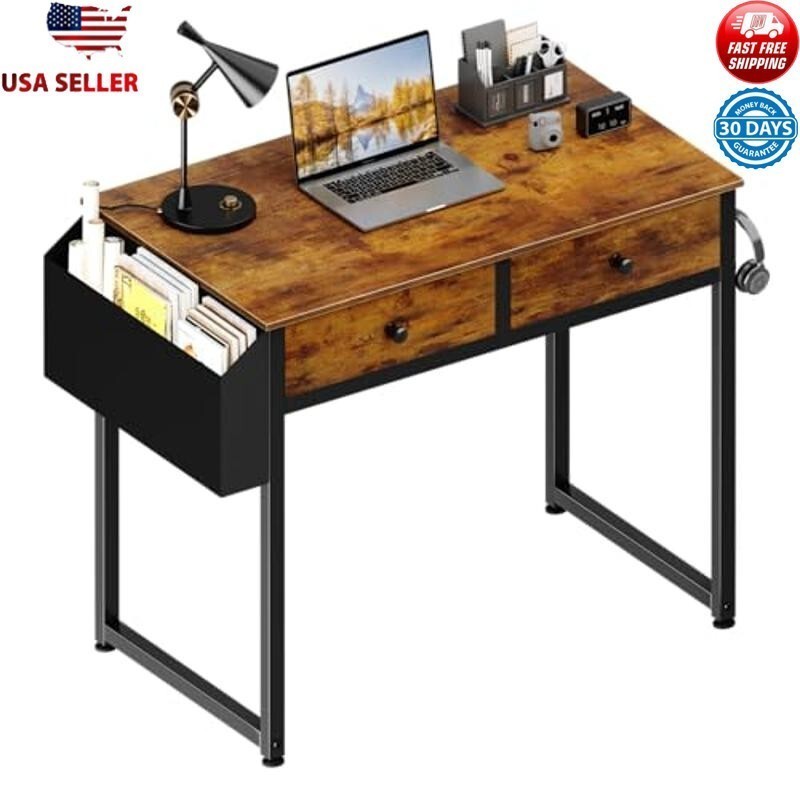 Rustic Brown Computer Desk W/ 2 Drawers & Storage Bag Study Writing Table New