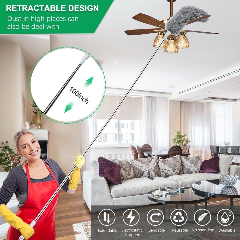 100" Extra-Long Microfiber Feather Duster, Extendable Pole Dusters, Telescoping