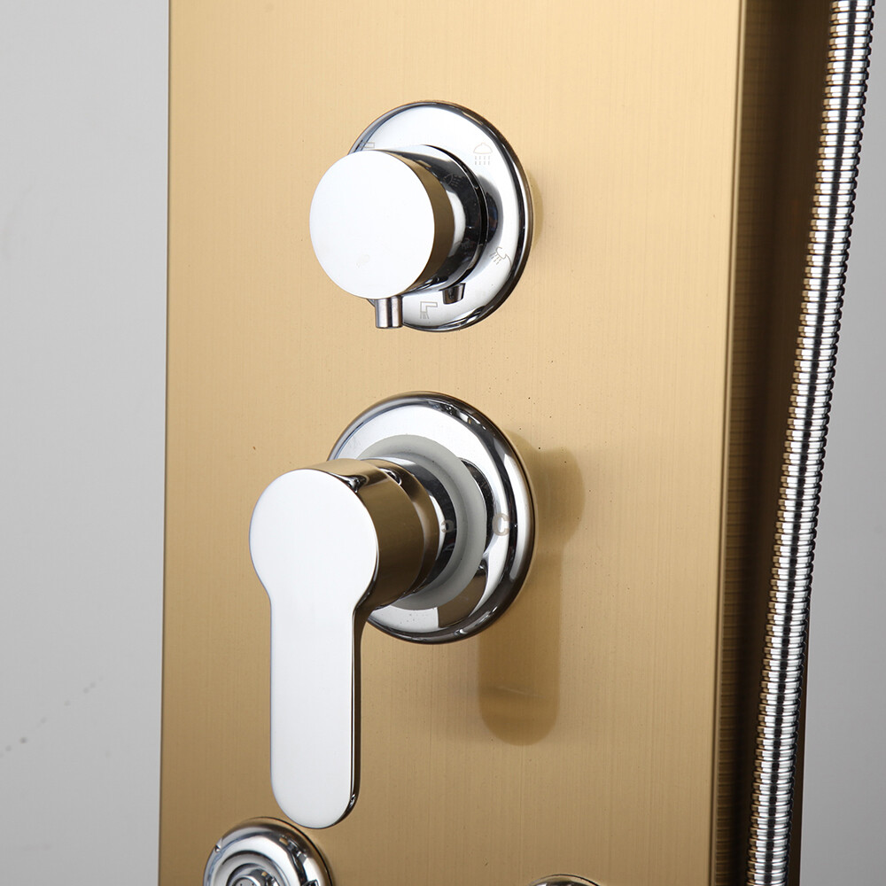 Gold Bathroom Shower Panel Rainfall Head Massage Jets Handheld Spray Glass Shelf