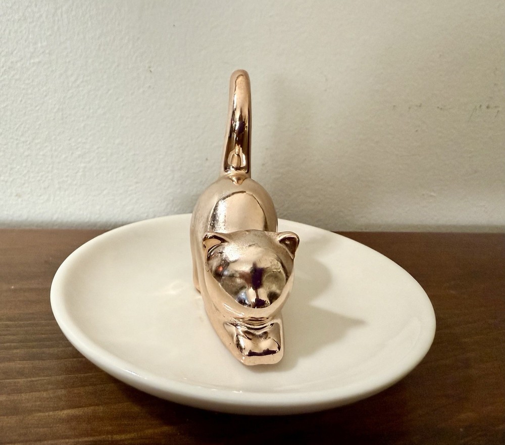 Gold Cat Ceramic Ring Holder Plate Adorable