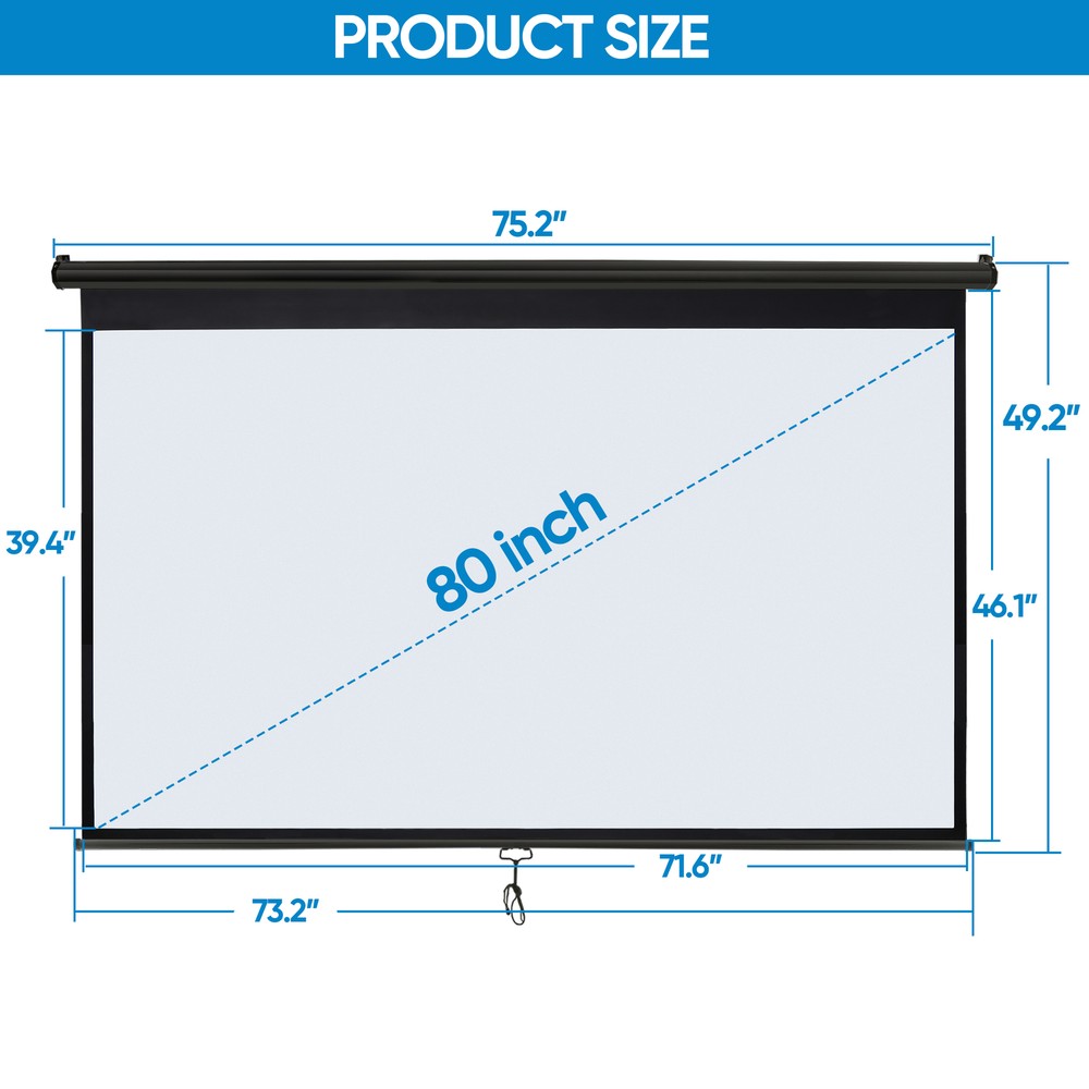 80" Manual Pull Down Projector Screen 3D Viewing Wall & Ceiling Mounted Black
