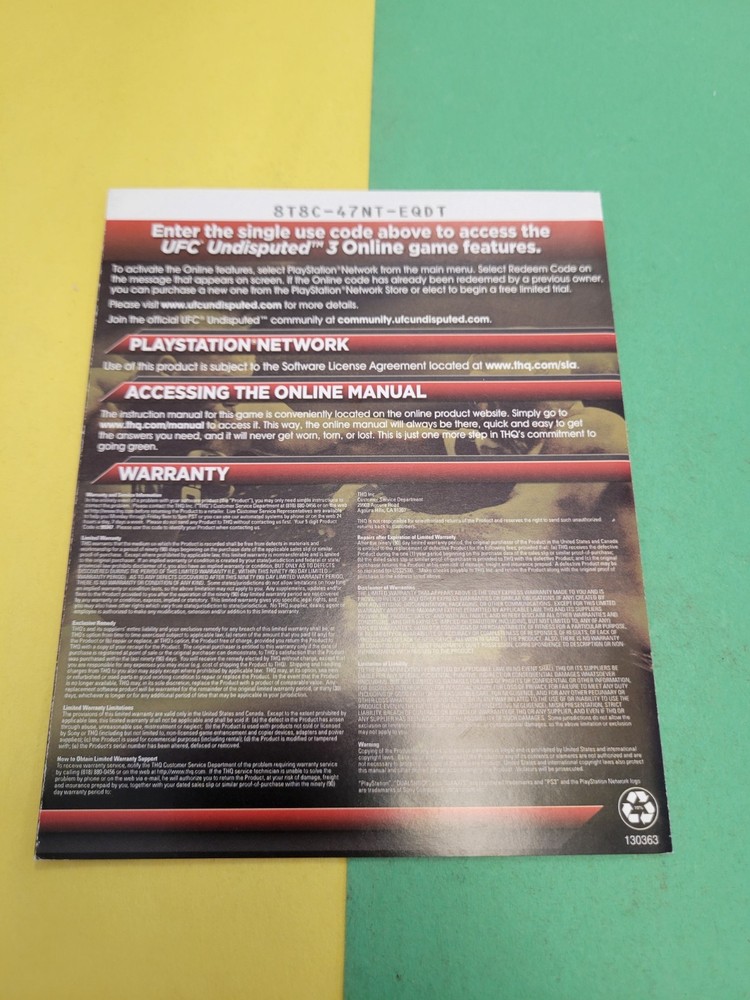 UFC Undisputed 3 Manual Instruction Booklet ONLY!!! PS3