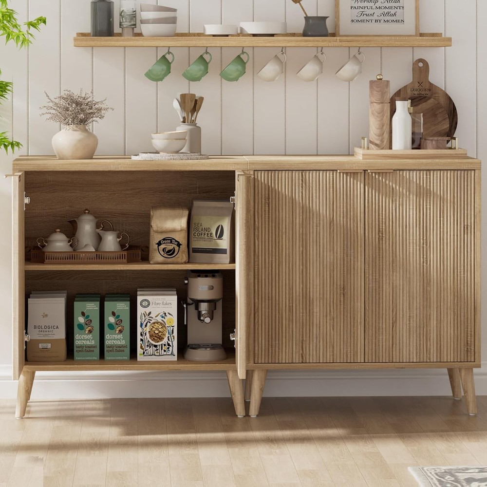 Buffet Cabinet W/ Storage Modern Fluted Accent Sideboard W/ Doors & Adjustable
