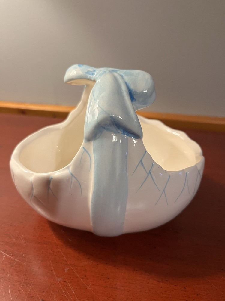 Vintage Ceramic Planter With Blue Bow Accent