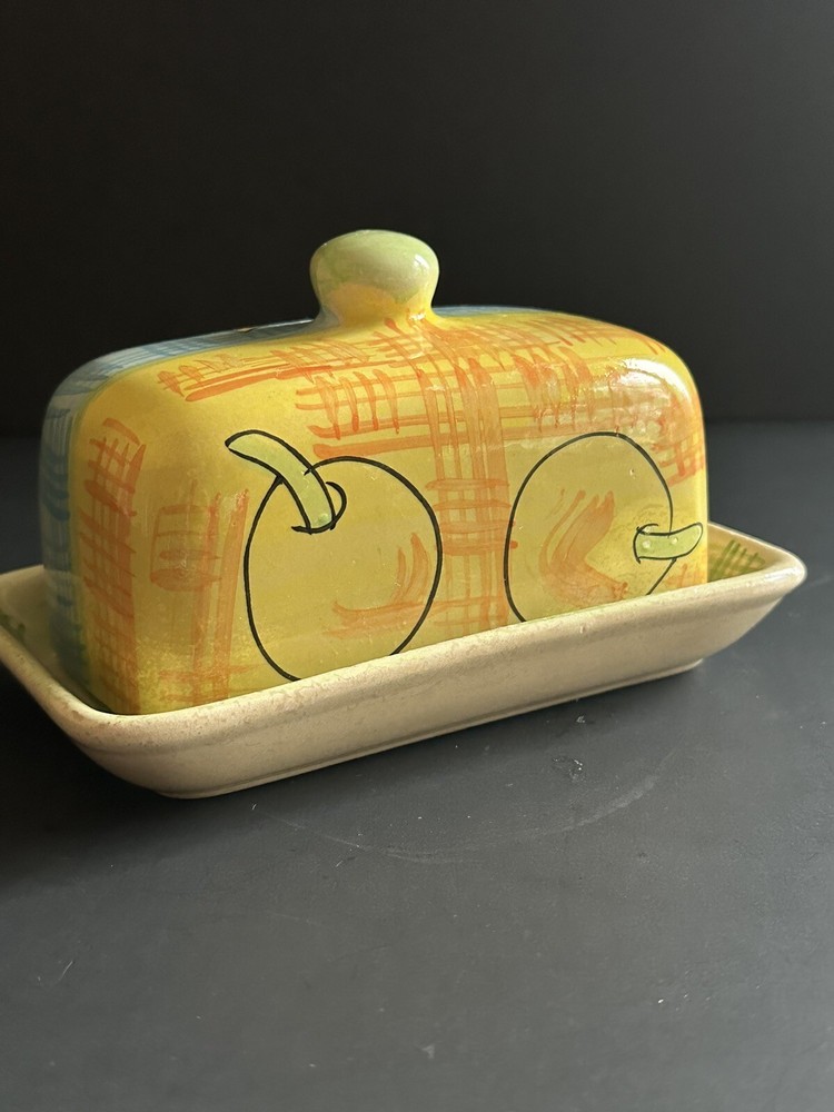 Hand Painted Pottery Covered Butter Dish Multicolor Flower Ceramic Spring Decor