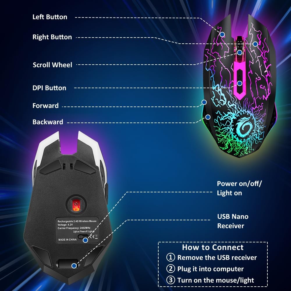VersionTECH. Wireless Gaming Mouse, Rechargeable Computer Mouse Mice with Col...