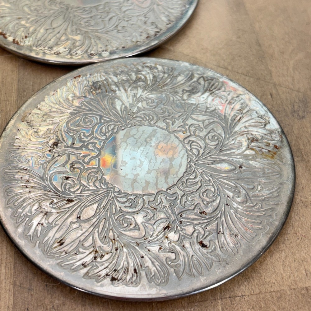 Set 9 Silverplate Coasters, Embossed Floral Pattern, Vintage, 3.5"dia