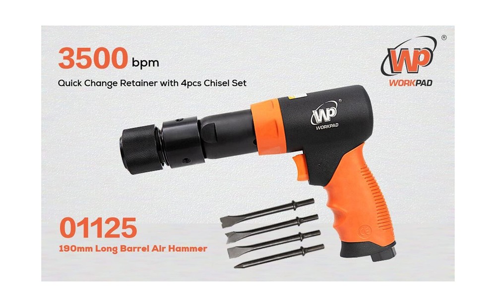 WORKPAD 190mm Long Barrel Air Hammer with Quick Change Chisel Retainer and 4-...