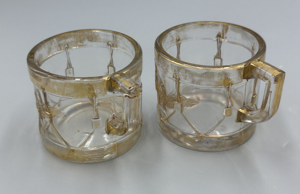 1909 Pair Mug EAGLE DRUM Cup Glass CANDY CONTAINER Antique E&A 543