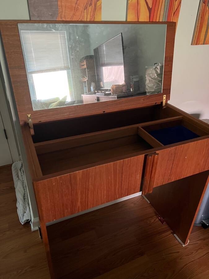 Danish Teak Vanity Table Flip Up Top with Mirror and Storage Makeup Table SM