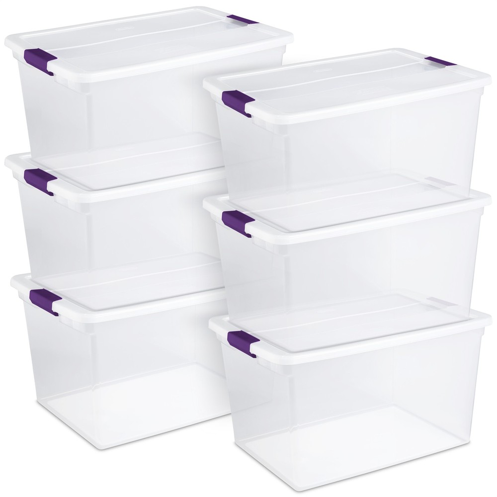 Sterilite 66 Quart Clear Plastic Latching Handle Storage Container Tote, 6 Pack