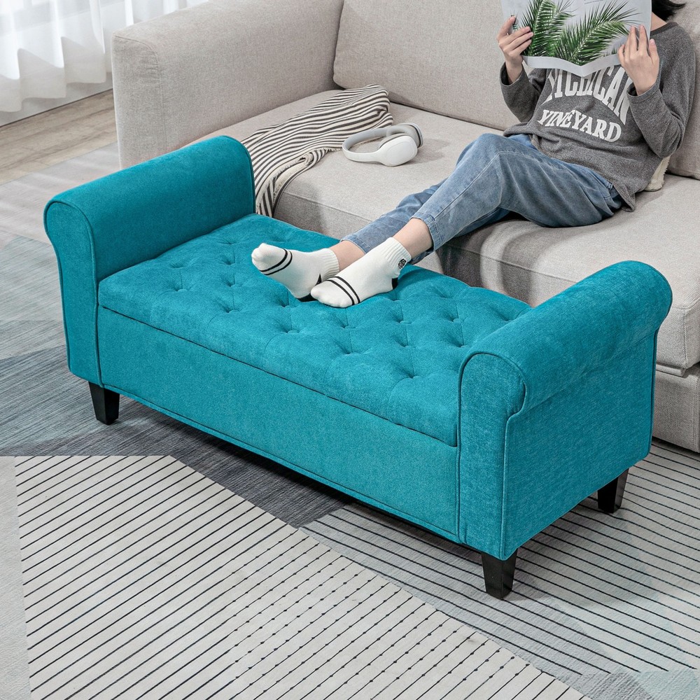 50 Inch Storage Ottoman Bench Button Tufted Upholstered Teal Bed Bench