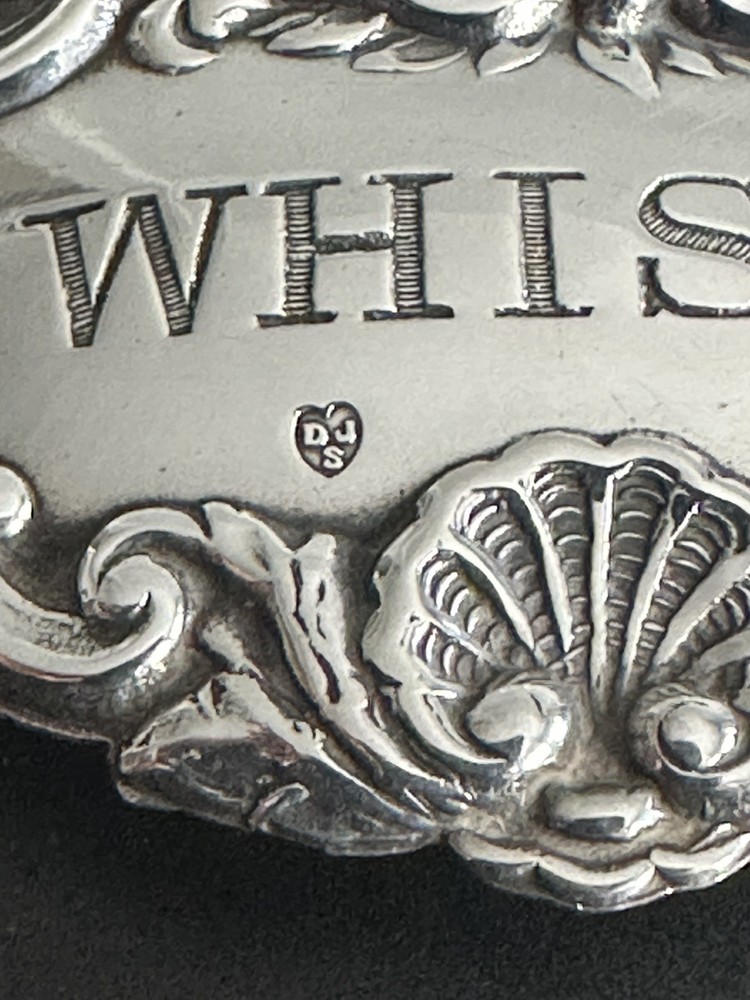 Solid Silver Rococo Style Whisky Decanter Wine Label D J Silver London 1972