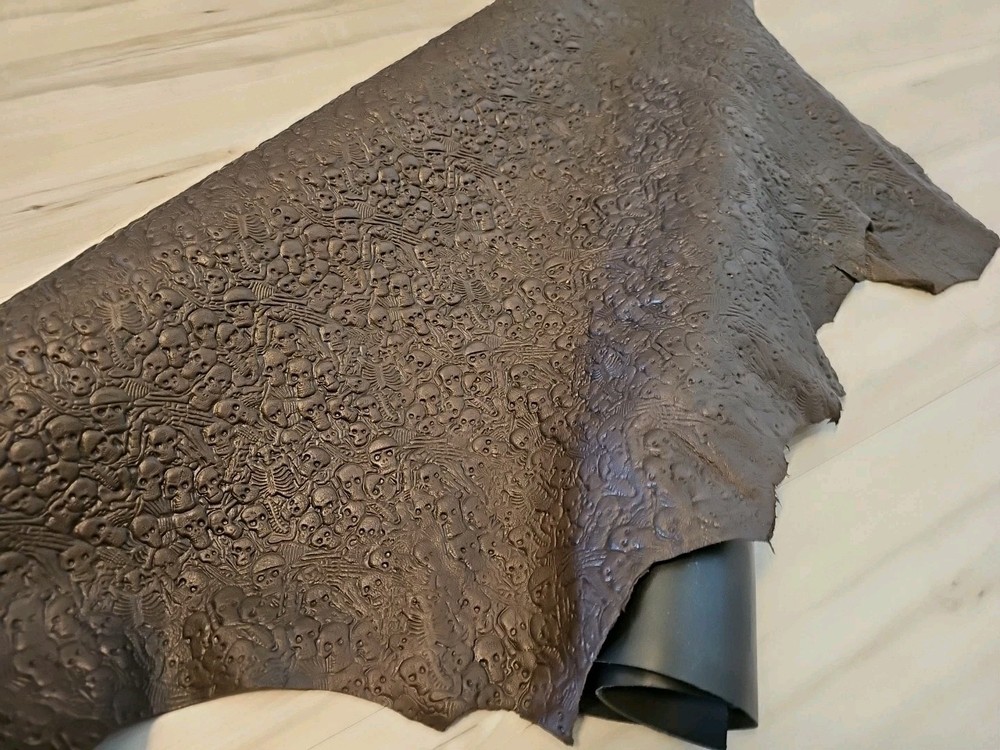 VEGETABLE TAN SKULL & BONES EMBOSSED BROWN LEATHER HIDE SOFT SHEET,PANEL,CUT