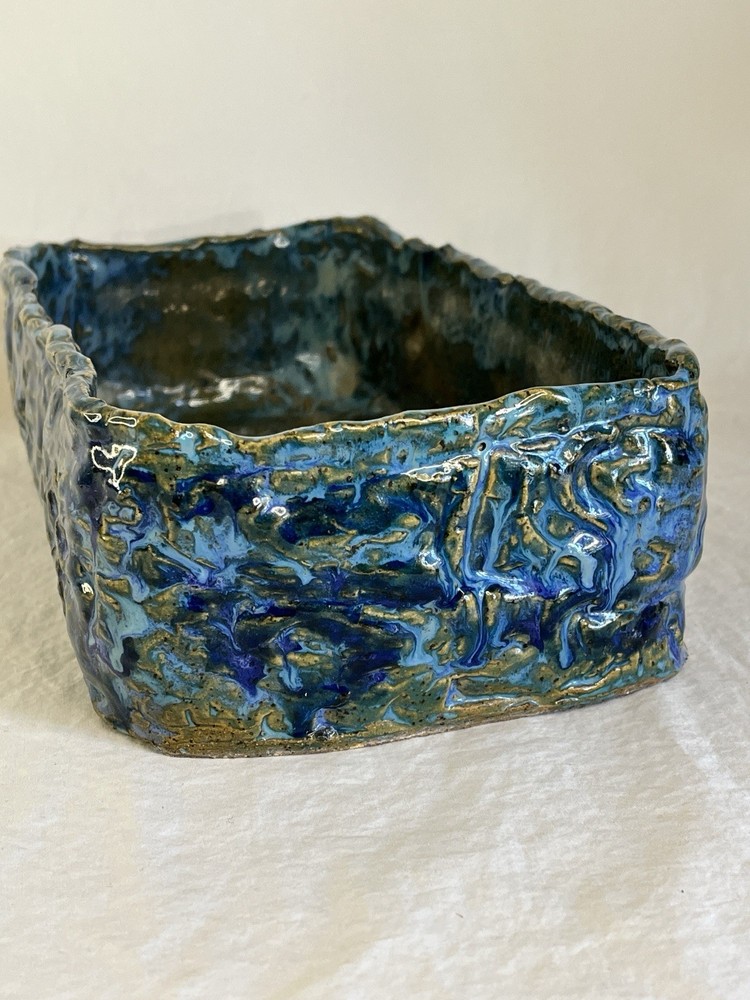 Vintage Ceramic Planter in Brutalist MCM Style Blue and Green Rectangular