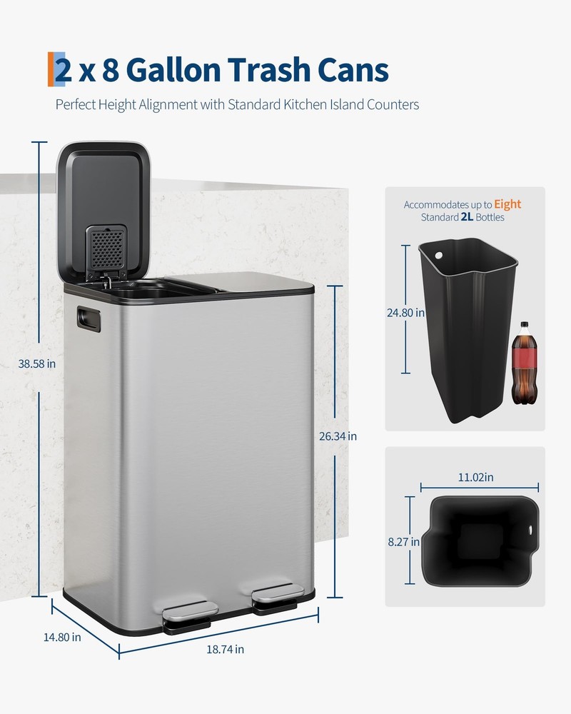 60L/80L Trash Can ,Kitchen Dual Compartment Trash Can ,Step Garbage Bin with Lid