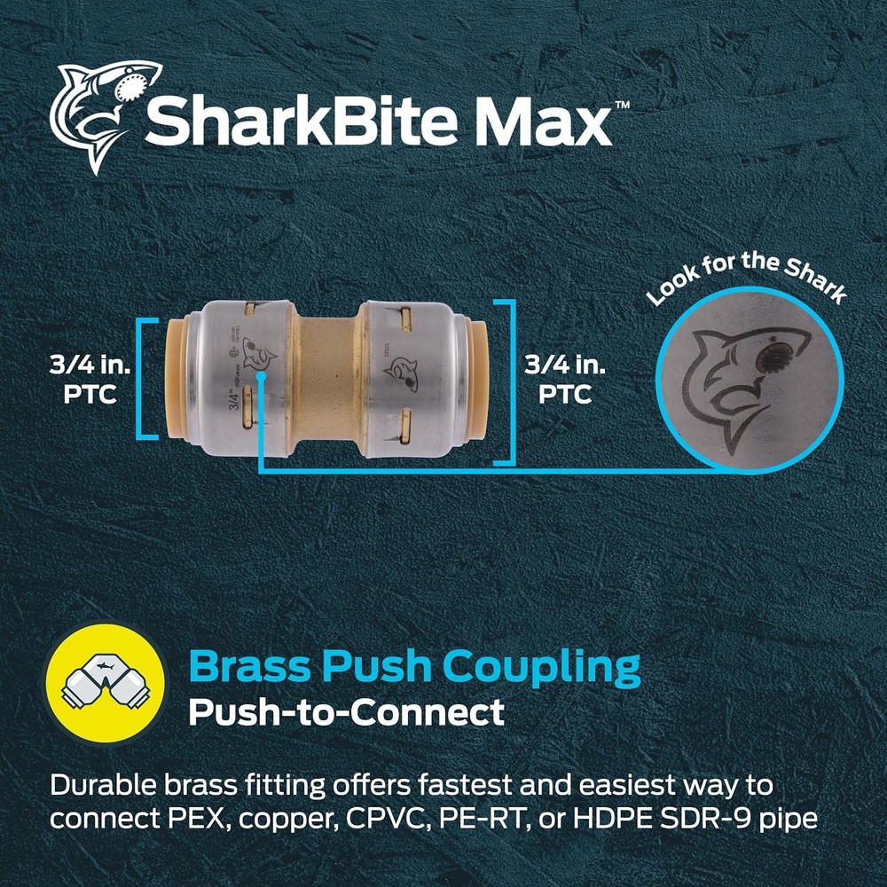 SharkBite Max 3/4 Inch Coupling, Push to Connect Brass in.,