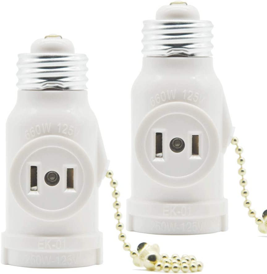 2 Outlet Light Socket Adapter with Pull Chain Switch White Medium Screw 2 Pack