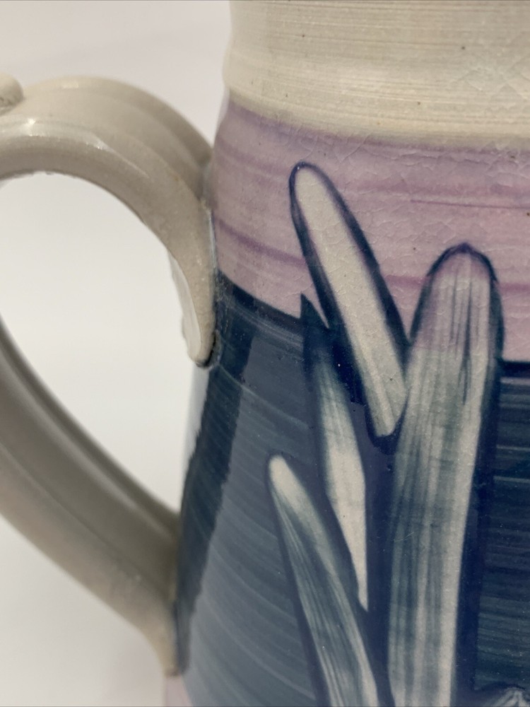 Hand Made Hand painted Pottery Pitcher Signed WP Blue Lavender White Leaves
