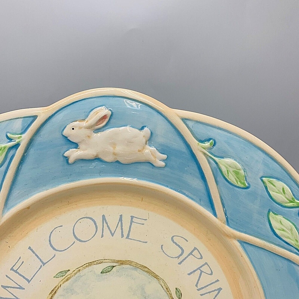 Welcome Spring Serving Plate Bunny Rabbit Blue and Green Easter Decorative Russ