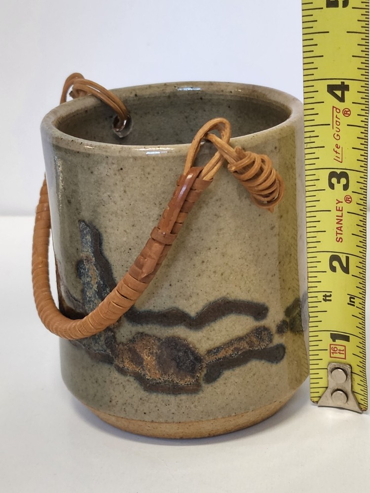 Pottery Pot Vase Knick Knack With Handle Tan Blue Signed Container Decore