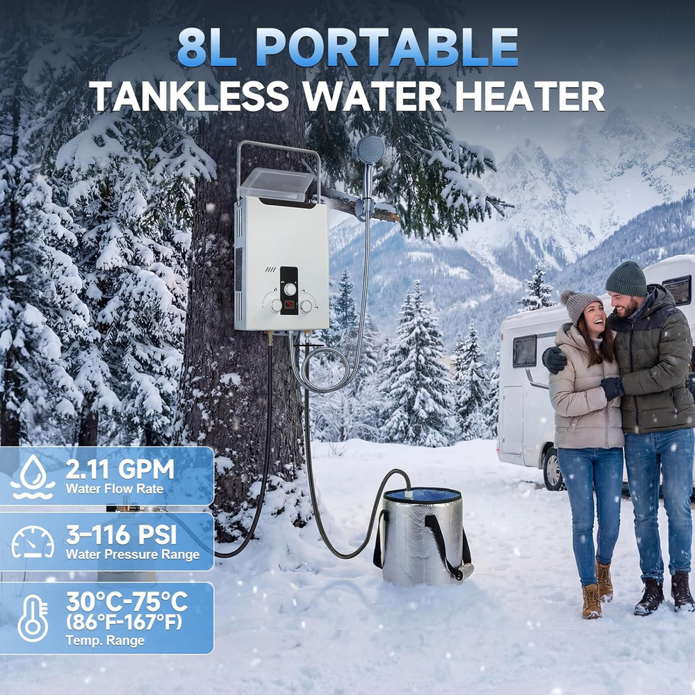 Propane Tankless Water Heater Outdoor, 2.11 GPM 8L, Portable Gas Water Heater wi