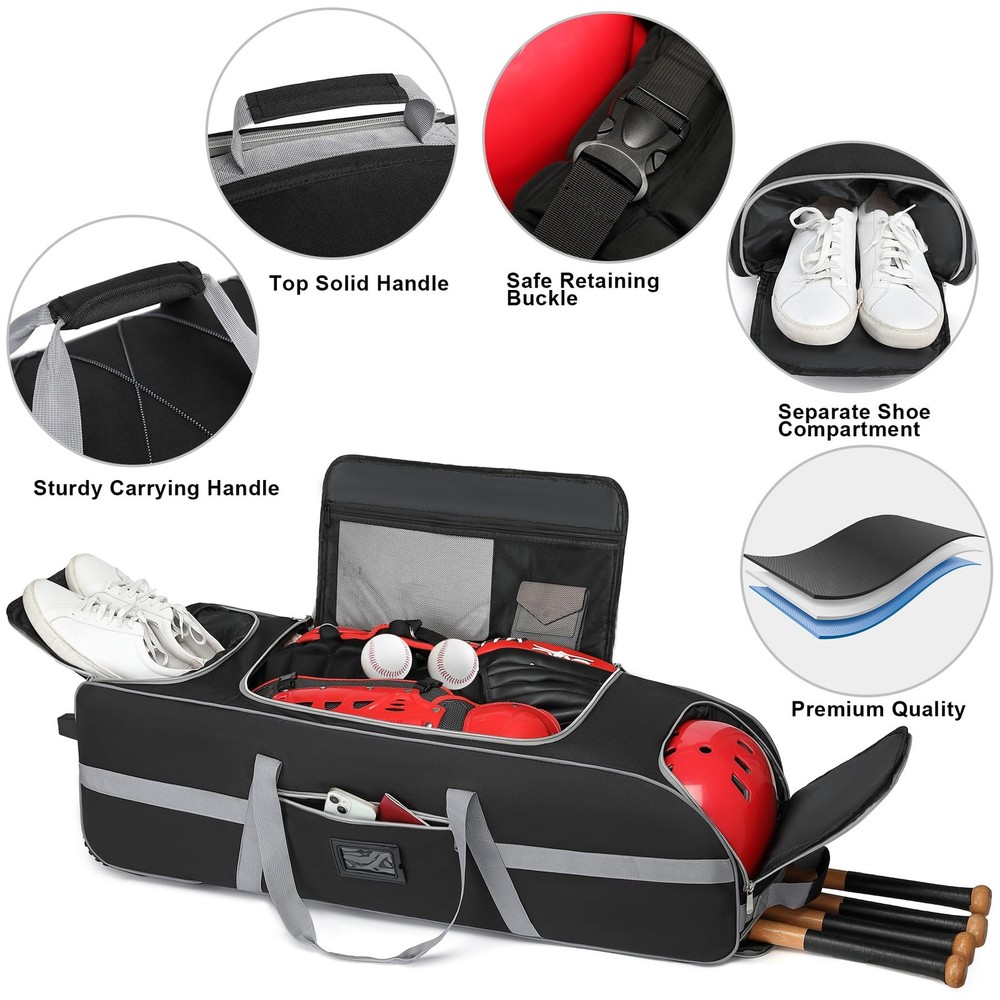 Rolling Baseball Gear Bag with Wheels, Holds 4 Bats, Multi-Pocket Storage
