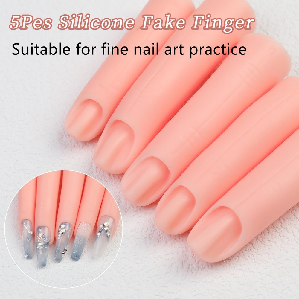 5 Pcs Practice Hand Fake Nails Kit, Silicone False Finger Pink