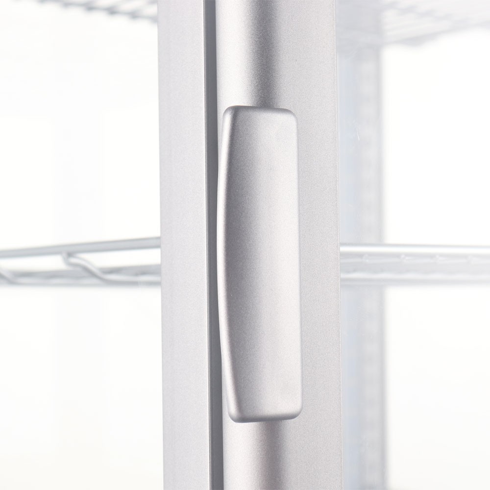 39" Vertical Countertop Display, 1 Curved Front Glass Door, Silver