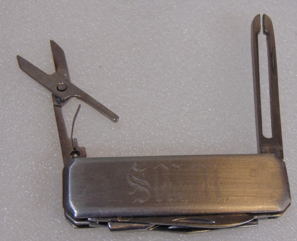 Personalized Vintage Multi Tool Pocket Knife WWS Initials Sheath Folding Scissor