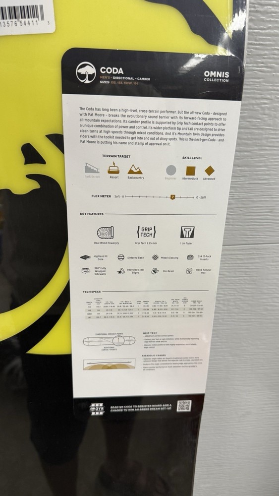 2025 NWT Arbor Coda Snowboard 155cm $600 System Camber Griptech Sintered Base