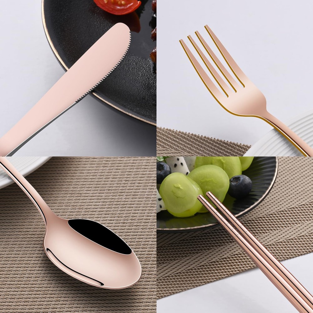 Travel Silverware Set Rose Gold Camping Picnic Utensils Set With Case Include...