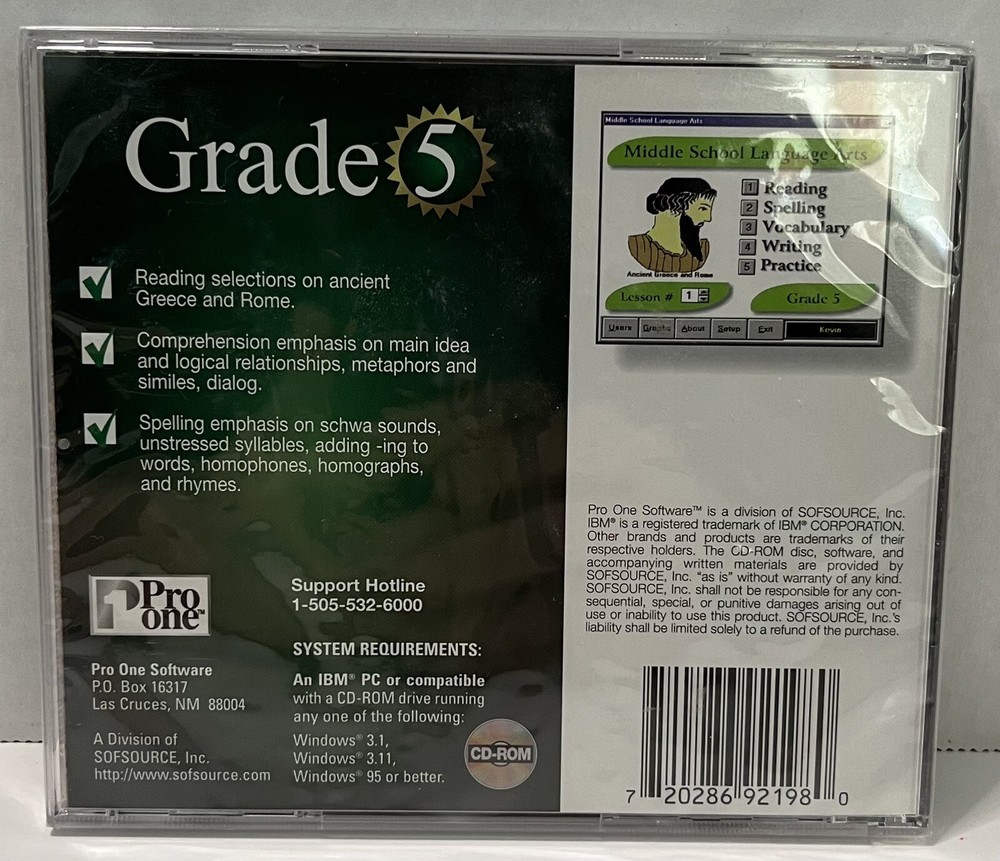 Pro One Software: MIDDLE SCHOOL LANGUAGE ARTS (Grade 5) PC NEW SEALED