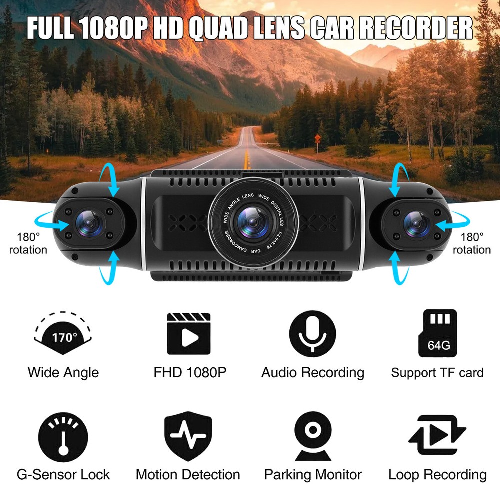 360 Degree View 4 Channel Dash Cam Front and Rear Inside Left Right, Dash Camera