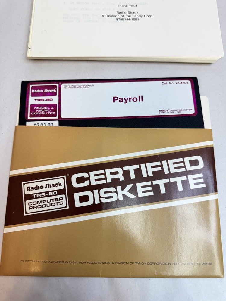 Radio Shack TRS-80 Payroll Program Diskette Certified w/ Documentation #20