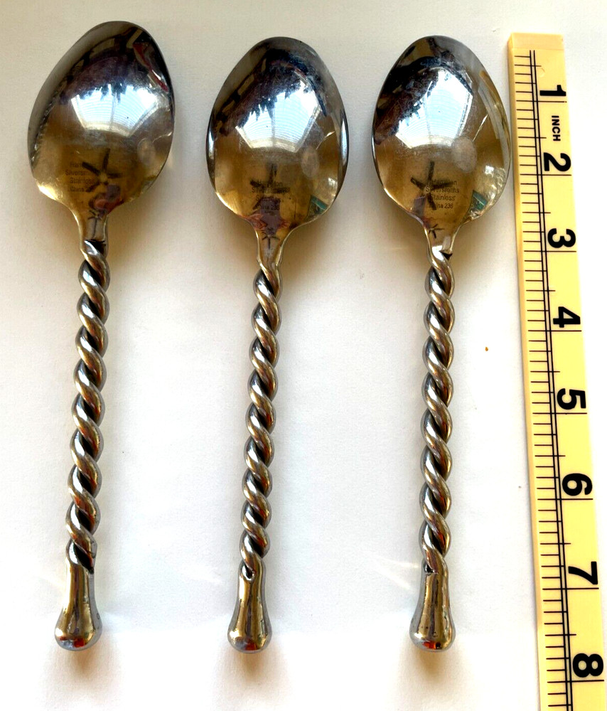 Hampton Silversmith Carousel THREE LARGE OVAL SOUP SPOONS Stainless Twist Handle