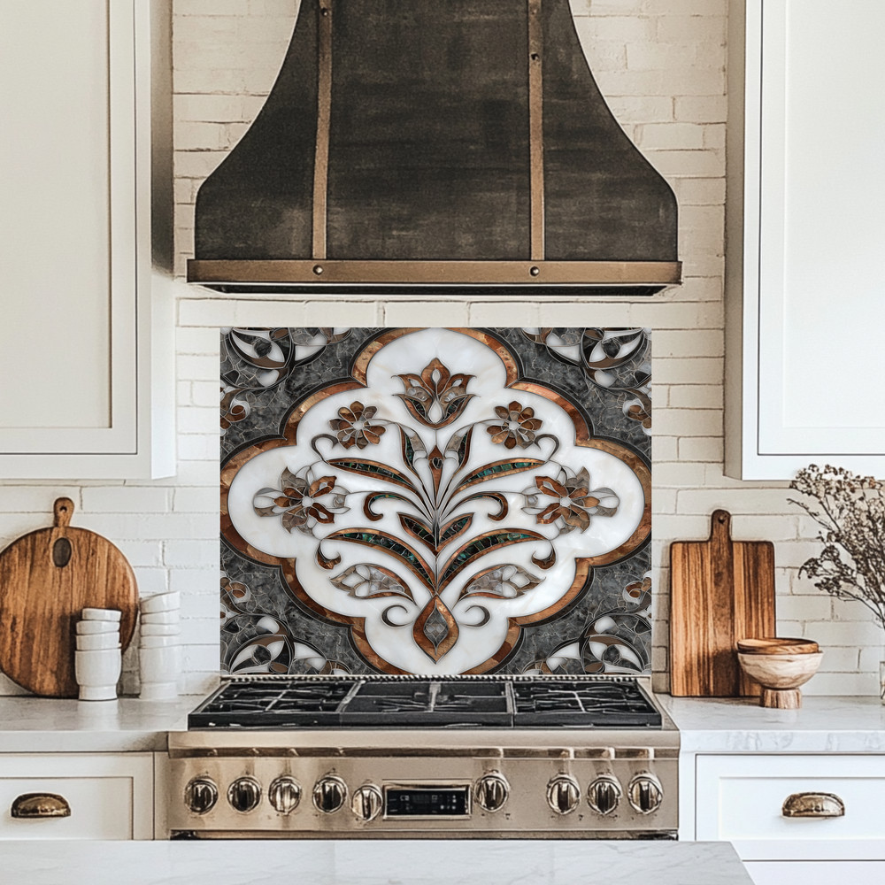 Ottoman Pattern on Marble Print Background Glass Backsplash for Kitchen Stove