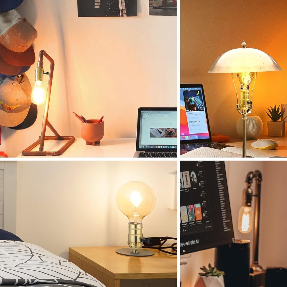 UL Listed E26 3-Way Lamp Socket Replacement with Turn Switch Knob, Gold, 2-Pack