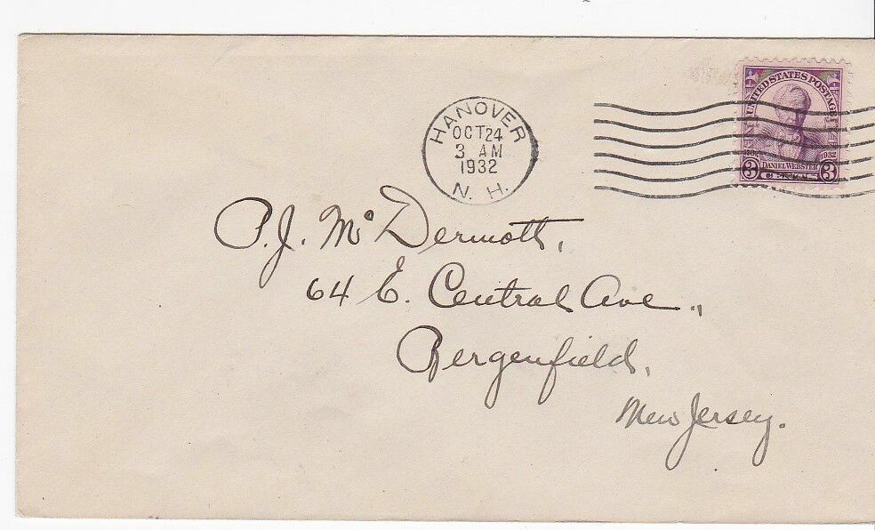 DANIEL WEBSTER #725 HANOVER NH OCTOBER 24, 1932 RS CACHET ON BACK
