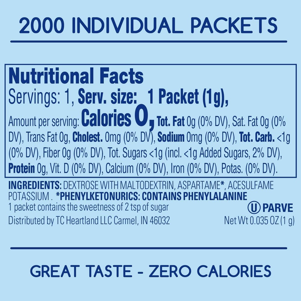 Blue Aspartame Sweetener Packets, 2000 Count