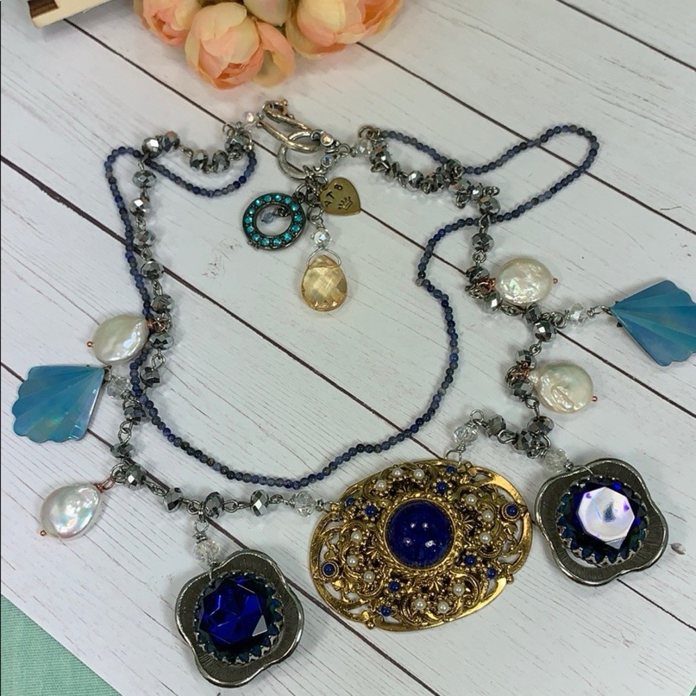Adorned Crown artisan assemblage blue elements Pearl 2 strand necklace